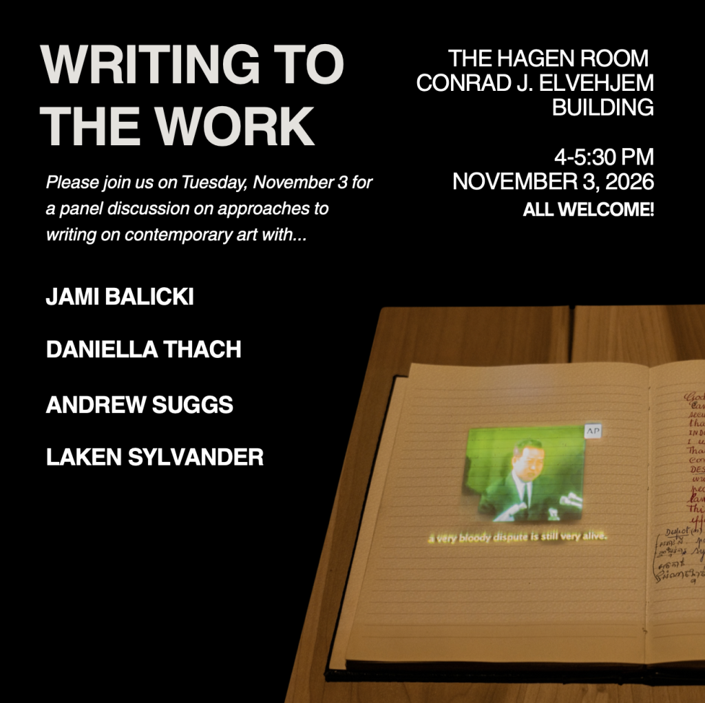 Image titled "Writing to the Work," on a black background with an image of a notebook